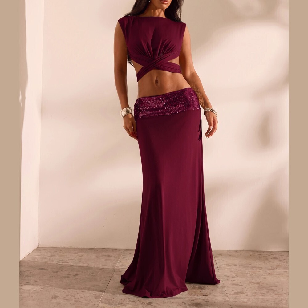 Burgundy Round Neck Cutout Crop Tank Top and Sparkle Waist Maxi Skirt Set